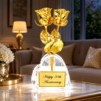 Two 8" 24k Roses in Heart Vase: 50th Anniversary Gift